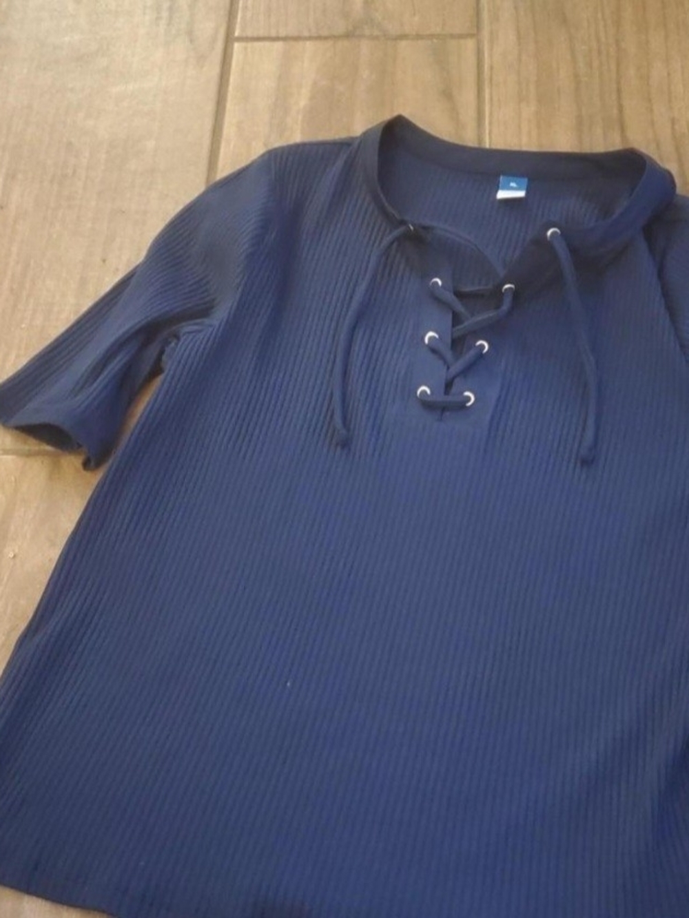 Old Navy Navy Blue Ribbed Lace-Up Short Sleeve Tee